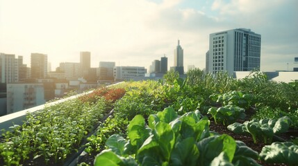 Sustainable Urban Agriculture, Rooftop Garden with City Skyline Backdrop
