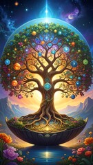 Vibrant tree within a glass sphere, glowing ornaments, mystical landscape, and starry sky