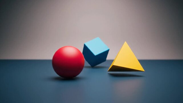 Basic Geometric Shapes: Red Sphere, Blue Cube, and Yellow Pyramid in a Bright Studio