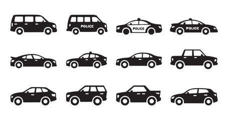 Police car icons set, transport symbols collection, vector sketches, logo illustrations © VANU
