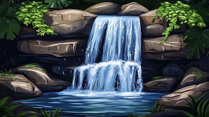 Serene Jungle Waterfall Scene with Lush Greenery and Smooth Rocks