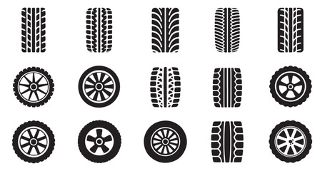 Fifteen tire tread pattern and car wheel icons, diverse textures and rim styles © VANU