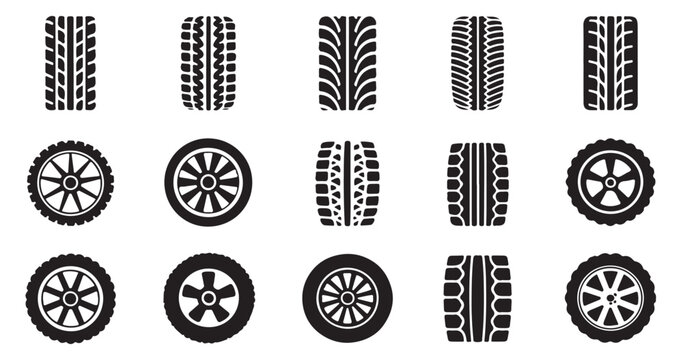 Fifteen tire tread pattern and car wheel icons, diverse textures and rim styles