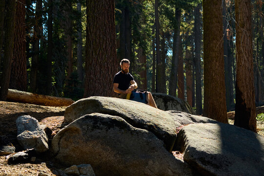 Man rests in the forest