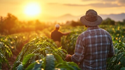 Two farmers inspect the plantation at sunset in a tranquil rural setting