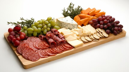 Delicious Charcuterie Board with Fresh Fruits, Cured Meats and Cheeses Displayed on Wooden Serving Tray