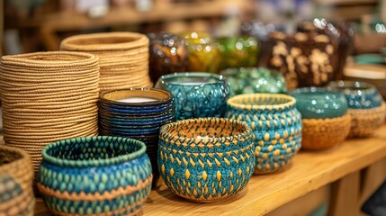 Handcrafted decorative baskets and ceramic pots arranged on a wooden shelf display
