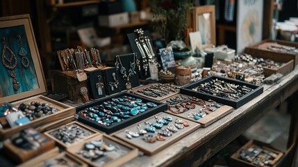 A charming display of artisan jewelry at a local craft fair, showcasing unique handmade designs and natural stones, capturing the essence of craftsmanship