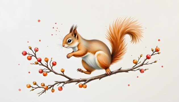 Cute watercolor squirrel jumping between two tiny branches (single action), soft wash, isolated on white background