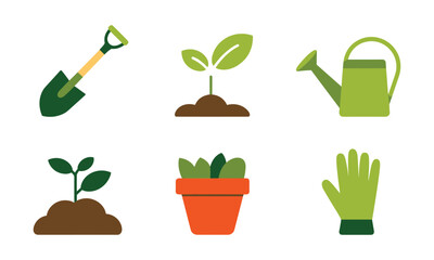 Gardening Tools and Plant Care Icons Set Flat Vector Illustration