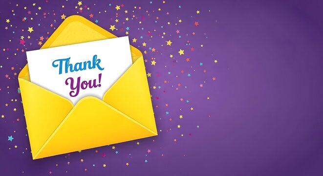 Yellow envelope with thank you note against purple background with confetti