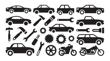 Car and motorcycle service elements with various vehicle types and mechanic tools set © MD.RAHIM