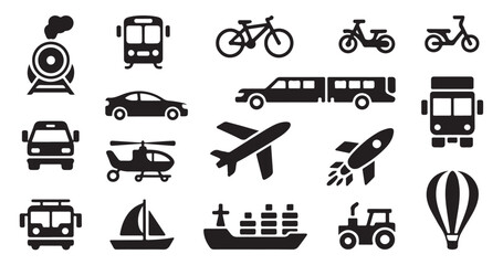 Diverse collection of transportation icons including train bus bicycle motorcycle car airplane rocket © MD.RAHIM