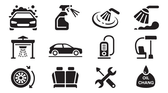Automotive service icons set for car wash maintenance detailing and professional care work
