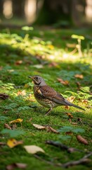Fieldfare bird foraging on the forest floor in autumn sunlight.