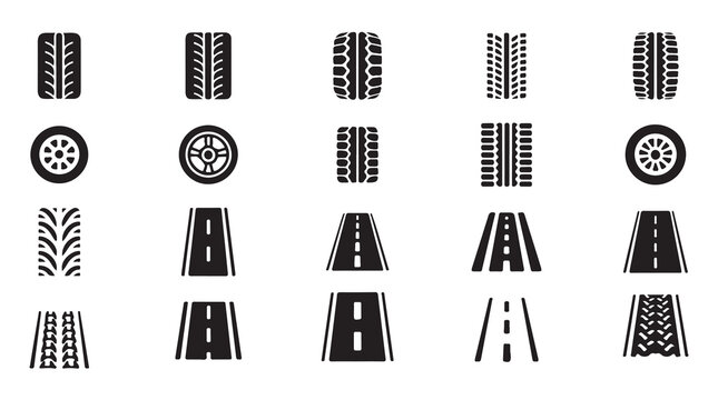Different types of car tire tread marks and asphalt road perspectives in flat vector style