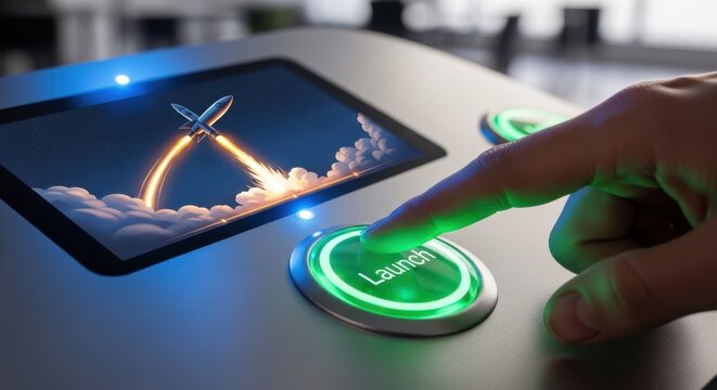 View of a finger pressing a Launch button that triggers a rocket animation, symbolizing a startup launch or new project kickoff.