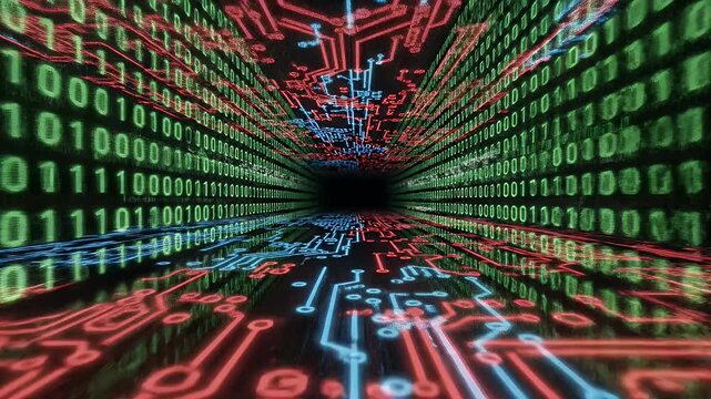 A digital tunnel with glowing binary code and circuit board patterns