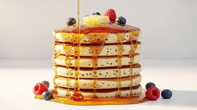 Delicious stack of golden pancakes with maple syrup dripping, topped with fresh blueberries and raspberries on an isolated white background.