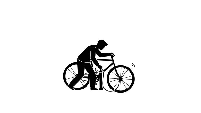 Flat black bicycle repair silhouette icon showing mechanic fixing bike, minimal vector style with bicycle, repair, mechanic, icon, transport