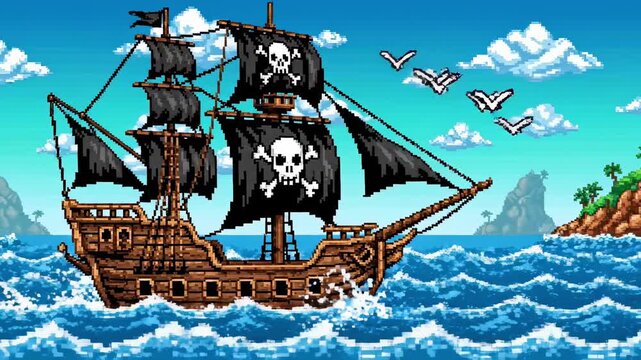 Pirate ship sailing through the ocean with Jolly Roger flags.