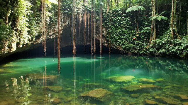 Lush cave entrance with emerald pool and hanging vines