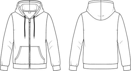 Hooded zip up sweatshirt technical flat sketch front and back view, casual hoodie vector illustration for fashion design, apparel production, and garment specification use