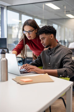 Business colleagues collaborating on project in office