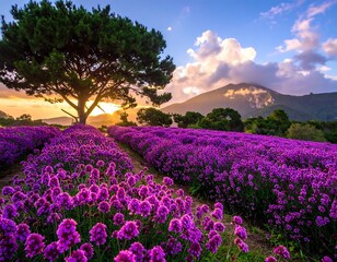 Obraz premium Vibrant purple flowers bloom under a tree, with a mountain backdrop and sunset sky