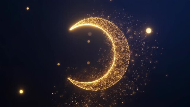 Cinematic 3D Ramadhan scene featuring a bright crescent moon forming a rotating golden porta