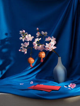 Elegant cherry blossoms with lanterns and red envelopes