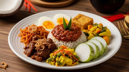 Fototapeta premium Traditional Lontong Cap Go Meh, an Indonesian Chinese Peranakan dish served during Chinese New Year celebration. Featuring rice cake slices, curry beef, boiled eggs with chili sambal, tofu, vegetables