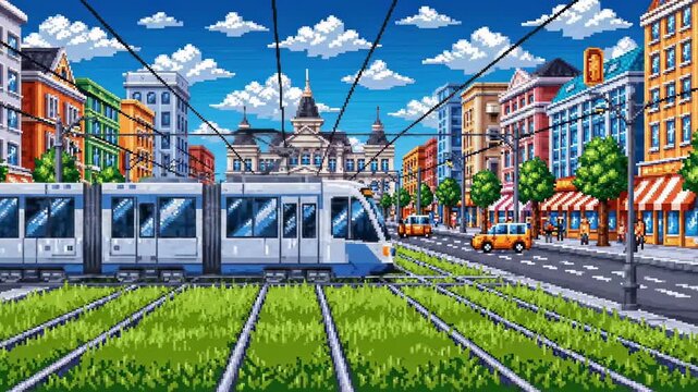 Modern cityscape with tramway and urban buildings.