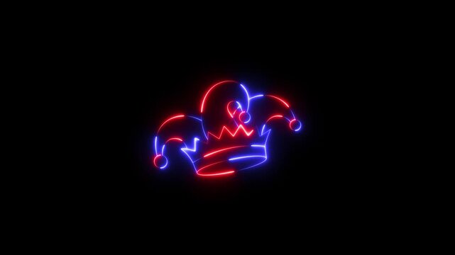 Glowing neon Glowing Neon Jester joker Hat Icon Animation,Neon Clown Hat with Bells, Glowing neon line Joker playing card icon isolated on black background. Jester hat with bells joker Hat Icon