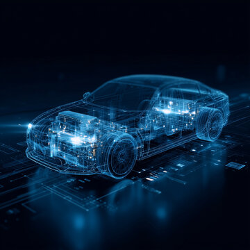 Futuristic automotive semiconductor visual featuring a blue digital wireframe car with glowing internal sensor nodes and data processing pathways on a dark background.