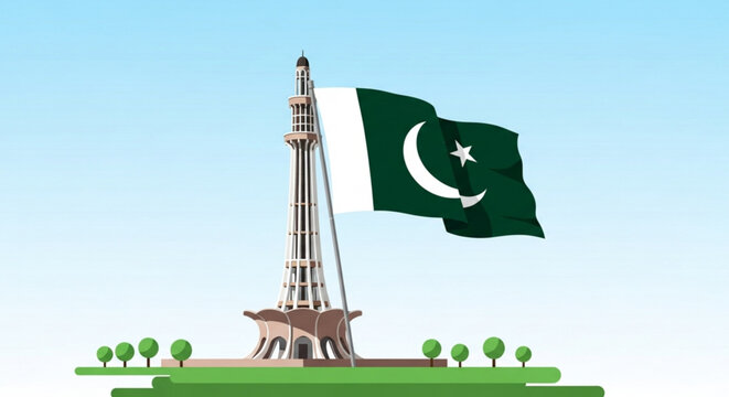 Pakistan flag waving beside minar e pakistan monument in green landscape