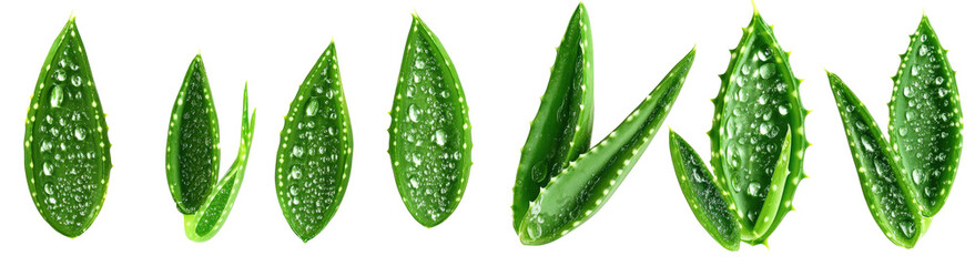 Aloe vera leaves with water droplets on white background