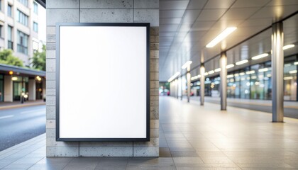 Blank advertisement billboard on a modern urban street with a blurred background of a walkway and buildings