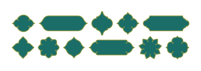Obraz premium Islam Frame Shape Design. Ramadan Vintage Pattern. Elegant Muslim Architectural Vector Elements with Golden Accents for Festive Celebrations.