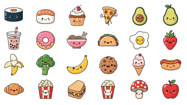 A collection of cute and kawaii food icons with happy faces