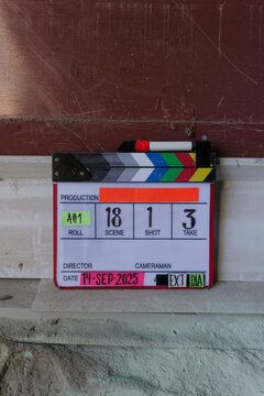 Clapperboard on set for film production