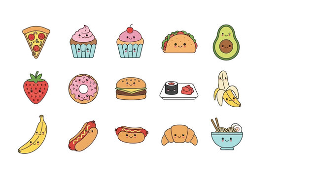 Collection of cute and cheerful kawaii food characters with smiling faces.