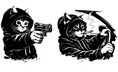 Fototapeta premium Armed Street Cat Gang Illustration Black White Urban Rebel Animal Art Gun Cat Hooded Character Design for Posters T Shirts Stickers