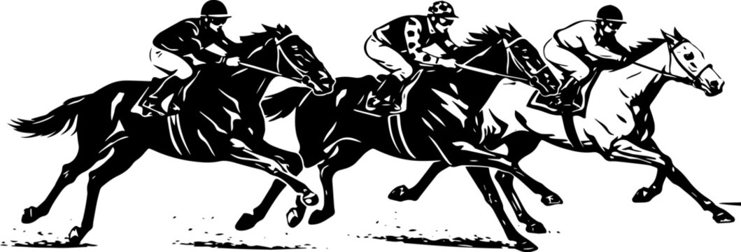 Horse Racing Competition Illustration Black White Jockeys Galloping Dynamic Sport Engraving Style Speed Power Design