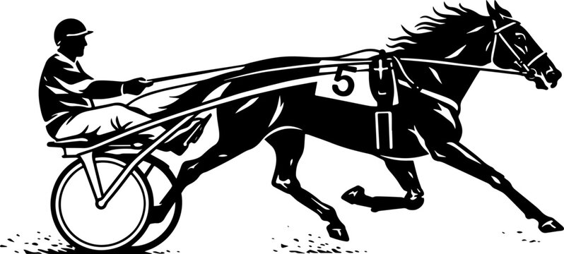 Harness Racing Trotting Horse Illustration Black White Sulky Race Sport Engraving Style Speed Power Design
