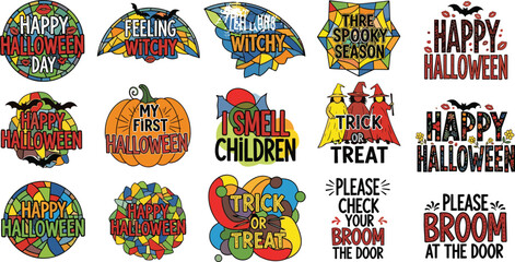 Halloween sticker bundle with 15 spooky typography designs witch slogans pumpkin graphics and colorful mosaic holiday badges vector