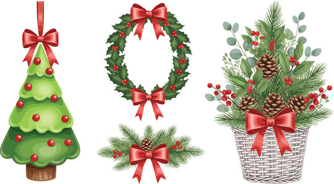 Christmas decoration set with pine wreath tree and floral basket with red bows for winter holiday seasonal branding