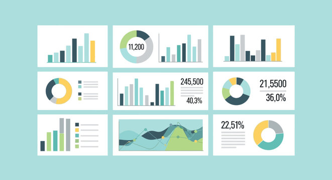 Collection of various colorful infographic templates on a light blue background, featuring bar charts, pie charts, and graphs for business data visualization.