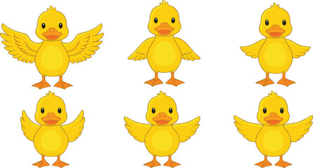 Fototapeta premium Collection of cute yellow duckling characters with orange beaks and feet in various standing and wing-spreading poses in a flat cartoon vector style.