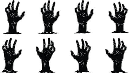 Obraz premium Black and White Vector Illustration Set of Eight Creepy Zombie Hands Rising from the Ground for Halloween Horror Gothic and Spooky Graphic Design Projects